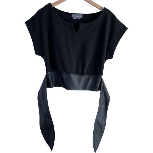 Anthropologie Faux Leather Waist-Tie Short Sleeve Cropped Top in Black, XS - Picture 6 of 12